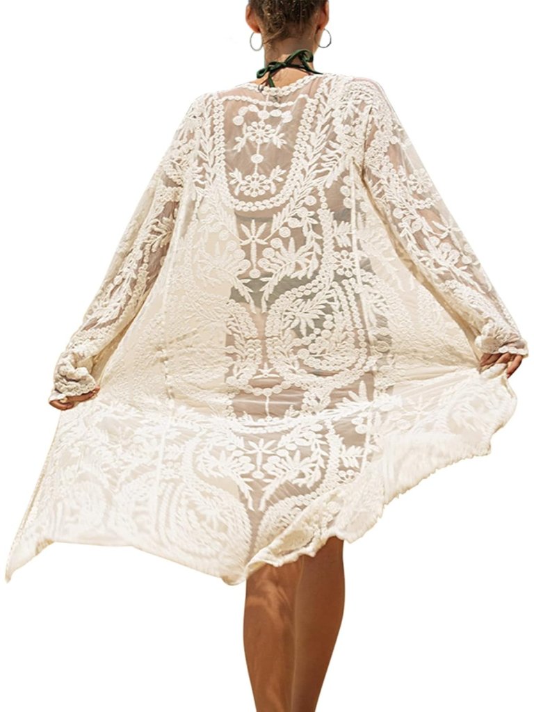 Women Apricot 72 Lace Cardigan Floral Crochet Sheer Beach Cover Ups Long Open